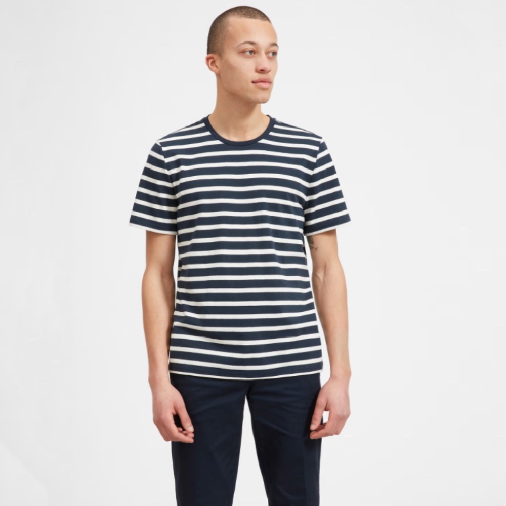 Everlane Premium Weight Crew 100% Cotton tee Navy Blue Ecru Stripe XS NWOT